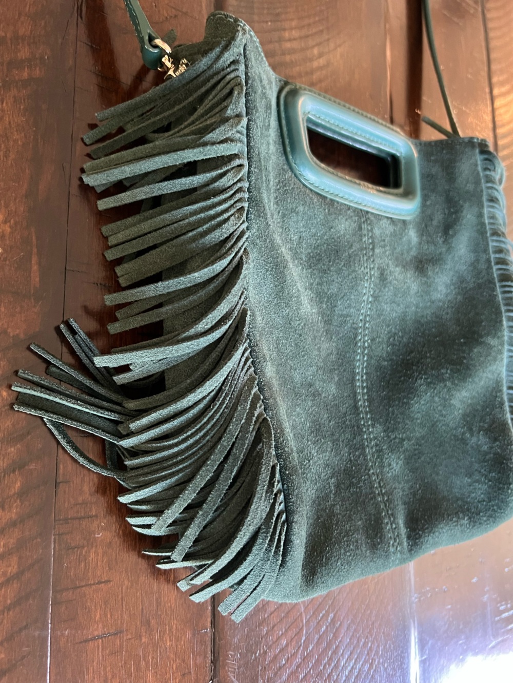 Maje Green Suede Fringe Crossbody Bag Boho Festival Leather Purse - Picture 3 of 8